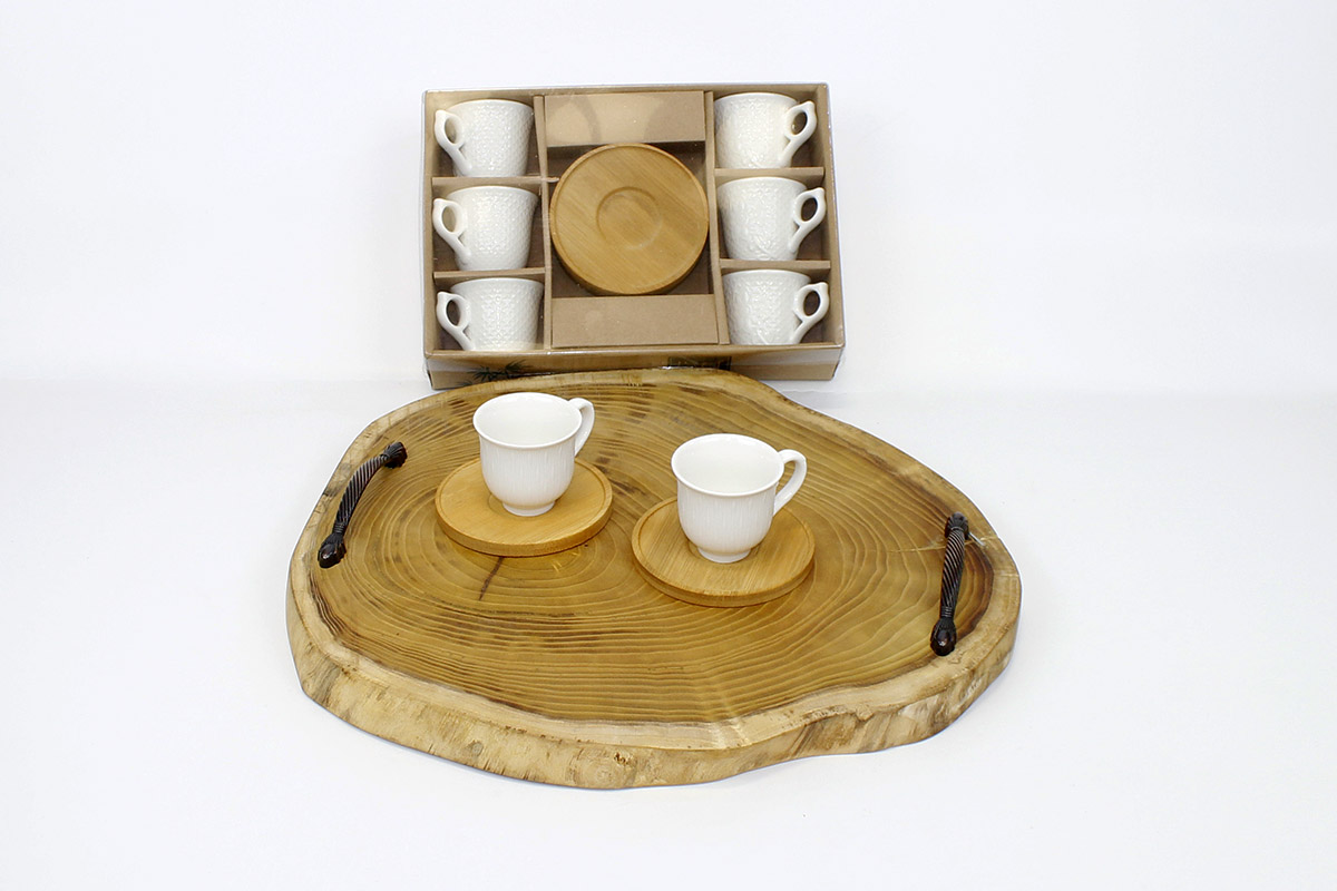 Kahve Fincanı Porselen 6 Lı Bambu Tabaklı Üyelere Özel + KDV